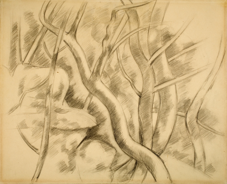 Marsden Hartley, Landscape: France (Aix-en-Provence) (detail), 1926. Graphite with black crayon on paper, 12 x 15 in. Bequest of Mrs. Toivo Laminan (Margaret Chamberlain, Class of 1929), 1979.59