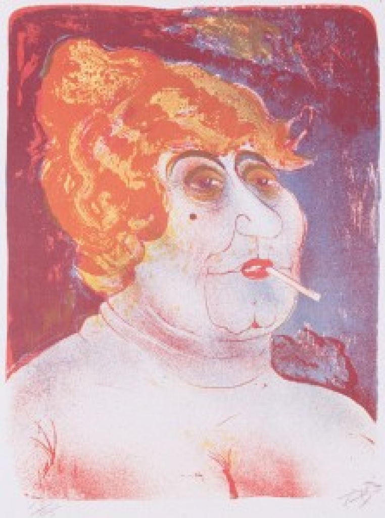 Otto Dix, Kupplerin (Procuress) (detail), 1923. Color lithograph printed from three stones (vermillion, golden yellow and cobalt blue), 23 ½ x 18 3/8 in. Museum purchase, The Dorothy Johnston Towne (Class of 1923) Fund, 2002.26