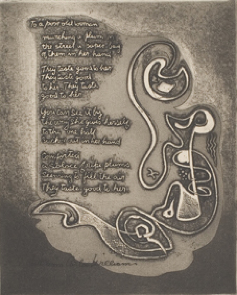 Letterio Calapai, Untitled, with the poem “To a Poor Old Woman” by William Carlos Williams, from the portfolio 21 Etchings and Poems, ca. 1957, published 1960, aquatint, liftground, soft ground, and etching, The Nancy Gray Sherrill, Class of 1954, Collection, 2007.155.7