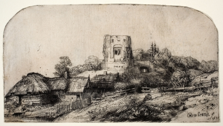 Rembrandt van Rijn, Landscape with Square Tower, 1650. Etching and drypoint, 3 1/4 in x 6 1/8 in. Gift of the Class of 1900 in memory of Mrs. J. Sewall Naylor (Edith Moore, Class of 1914). 1960.4