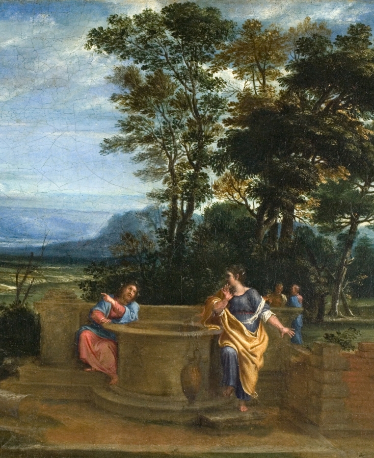 Circle of Annibale Carracci, Christ and the Woman of Samaria, ca. 1620-30.  Oil on canvas, 13 1/4 in. x 20 in. (33.7 cm x 50.8 cm). Gift of Dr. and Mrs. Arthur K. Solomon. 1953.21.