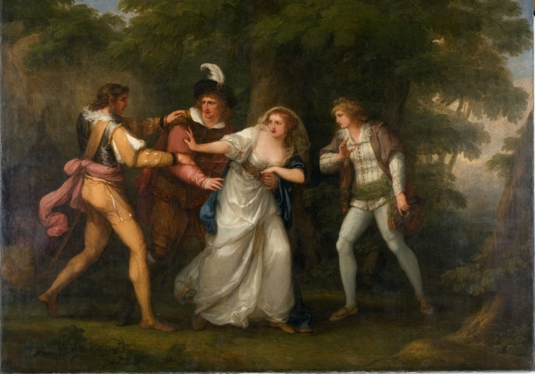 Angelica Kauffmann, Valentine, Proteus, Sylvia and Giulia in the Forest (Scene from "Two Gentlemen of Verona" Act V, Scene IV), 1788. Oil on canvas. Museum purchase in memory of Winifred Herman Friedman (Class of 1945). 1976.34