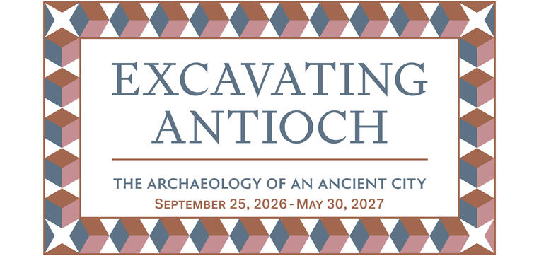 A geometric graphic of angular shapes in white, red, pink, and grey creates a rectangle border over the exhibition title
