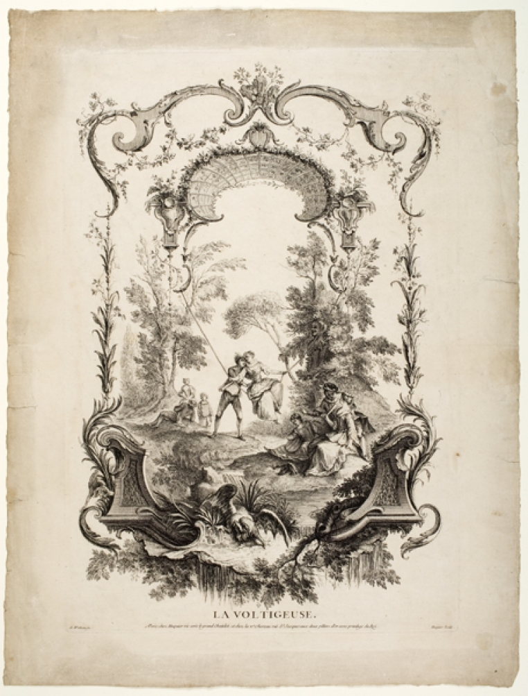Gabriel Huquier, after Jean-Antoine Watteau, La Voltigeuse (Woman on a Swing), 18th century. Etching and engraving. Gift of the Art Department Faculty in honor of Mary Cooper Jewett (Class of 1923), 1958.17.b