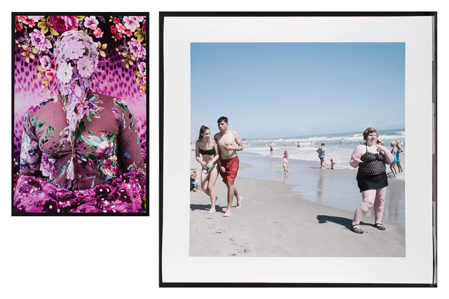 two photos next to each other: one of a person covered in pink flowers, the other are people standing on a beach