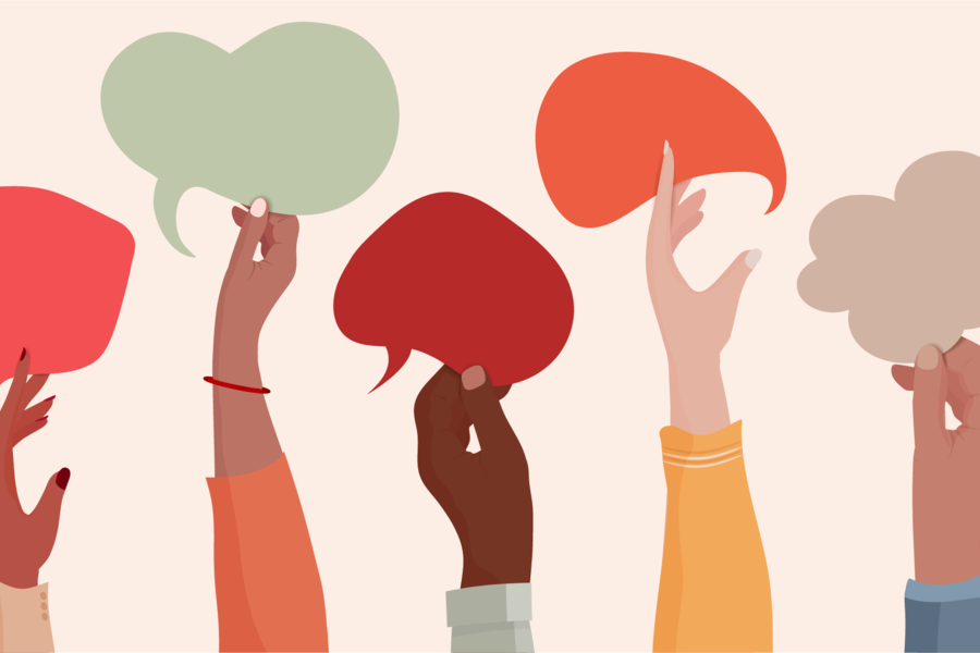 Vector illustration of hands holding multicolored speech bubbles