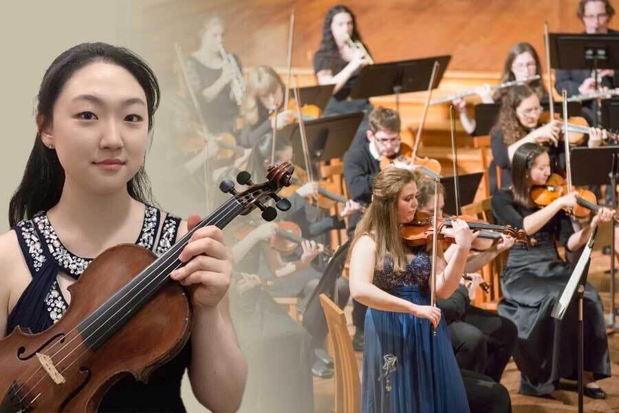 Image of Hannah Ryu next to image of Brandeis-Wellesley orchestra members playing string instruments