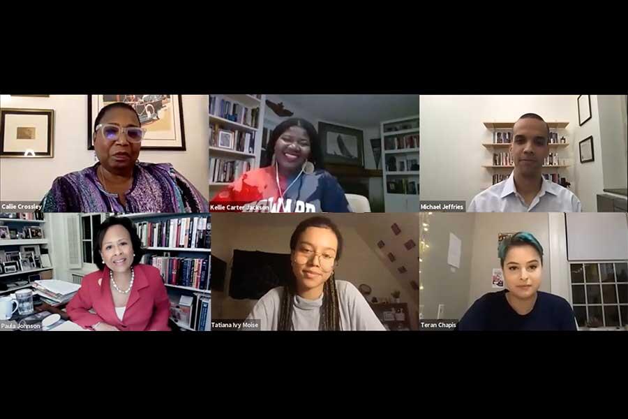 President Johnson, Callie Crossley, Kellie Carter Jackson, Michael Jeffries, Tatiana Ivy Moise ’21, Teran Chapis ’22