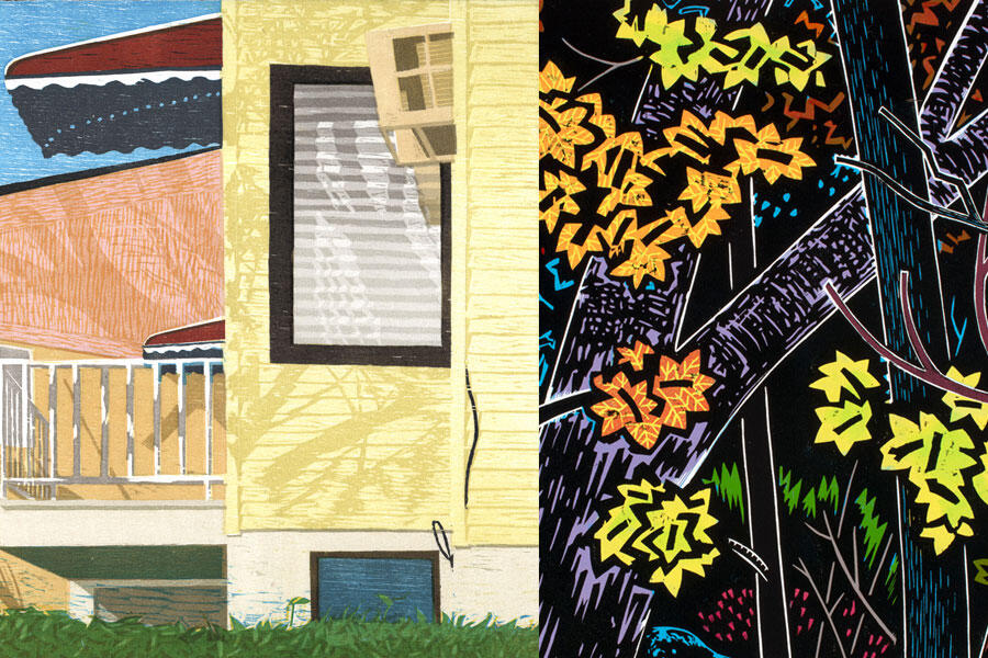 multi-color print of a yellow house on the left and flowers on the right.