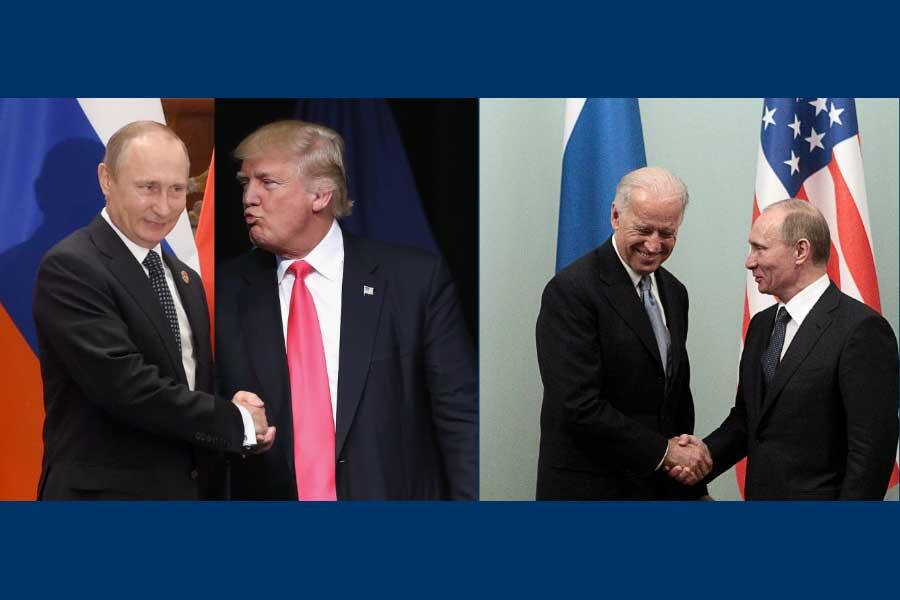 Putin shaking hands with Trump and Biden