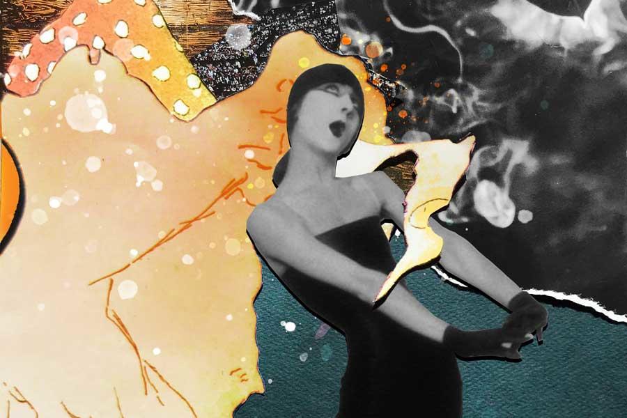 abstract collage art of a person singing against colorful back drop