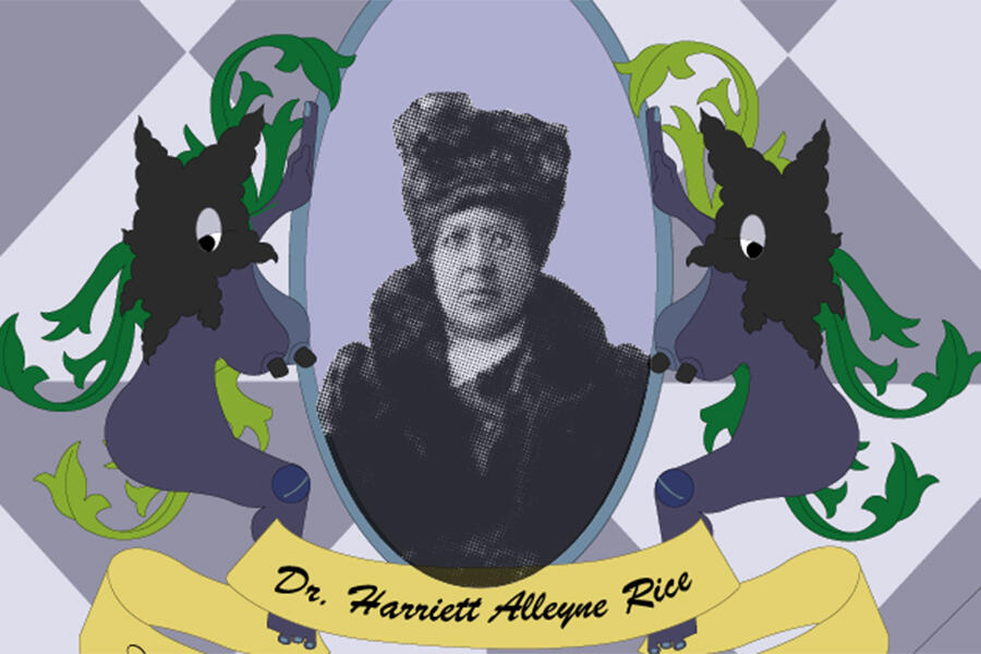 Archival image of Dr. Harriett Alleyne Rice (Class of 1887), surrounded by purple geometric pattern and stylized shapes