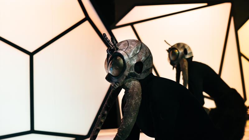 two actors as bugs crawling on stage