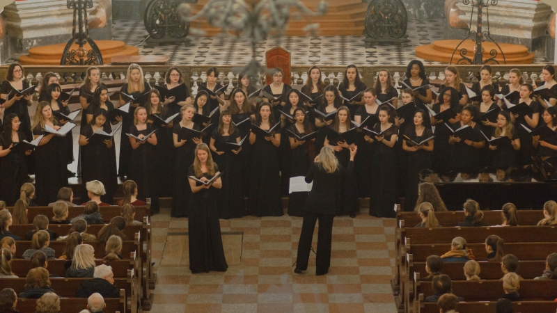 aerial shot of choir performing in church