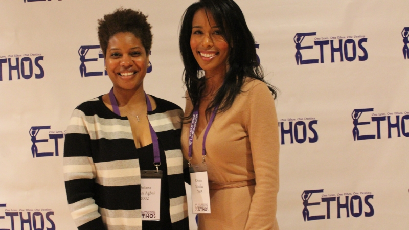 Two faculty standing in dresses for the Ethos gala