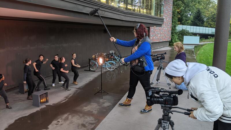 actors and film crew filming outdoors on Wellesley campus
