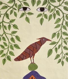 Gond tribal artist Venkat Raman Singh Shyam, Death and the Woodpecker, 2002. Acrylic on canvas, 30¼" x 45¾.