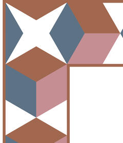 A geometric graphic of squares in white, red, pink, and grey surrounds the exhibtion title