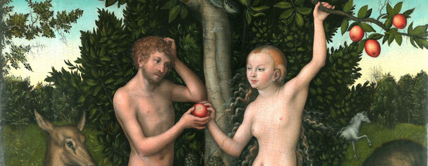 painting of adam and eve nude in the garden of eden, eve is handing adam an apple while a serpent looks on