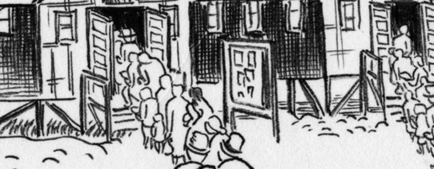 black and white drawing of people waiting in line to enter a building