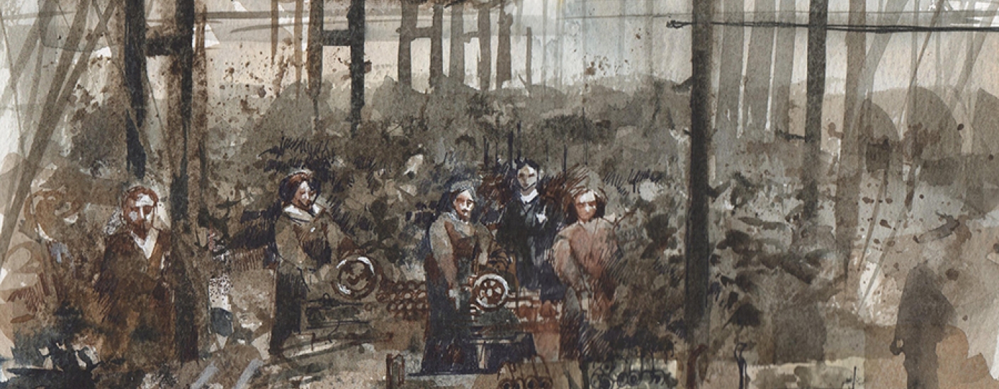 watercolor painting of people working in what looks like an old factory