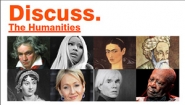 Collage of pictures of authors, poets, singers and more captioned "Discuss the Humanities"