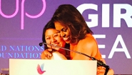 Rocio Ortega '16 receives a hug from First Lady Michelle Obama