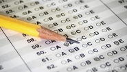 Pencil lays on a scantron style test, some bubbles are filled in. 