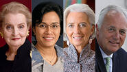 2016 Albright Institute Public Dialogue: “Addressing Global Inequality” Four panel photo includes Madeleine Albright '59, Sri Mulyani Indrawati, Christine Lagarde and Mark Malloch-Brown