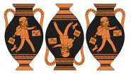 An orange and black drawing of a Grecian urn with a modern day scene