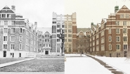 Split screen image of Tower Court building, 100 years ago and today