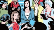 cartoon showing woman at laptop surrounded by supportive women