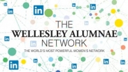 Wellesley Alumnae Network logo with LinkedIn logo and symbols of connection in background