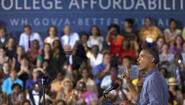 Obama on campaign trail with "College Affordability" sign behind him