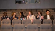 Pashington Obeng, Eve Zimmerman, Anjali Prabhu, Winnie Wood, Nick Knouf, and Mingwei Song seated in Collins cinema 