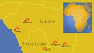 Map of areas in Guinea and Sierra Leone with Ebola sites highlighted