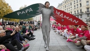 French demonstrator in bird suit