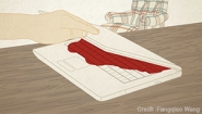 Drawing of a hand opening a laptop. A pool of red, suggesting blood, seeps out of the screen