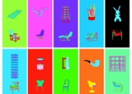 A set of 10 colorful screen prints by Michael Craig-Martin for exhibit on display at the Davis Museum.