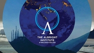 Circles with overlapping images, a poster image promoting the January 22 Albright Talk