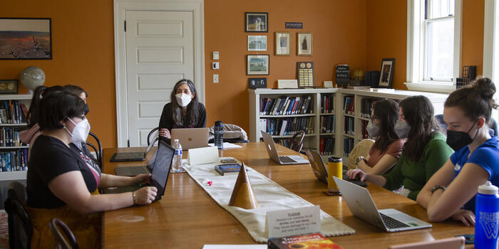 Tracy Gleason, psychology professor and faculty director of Wellesley’s Calderwood program, with students in her classroom.