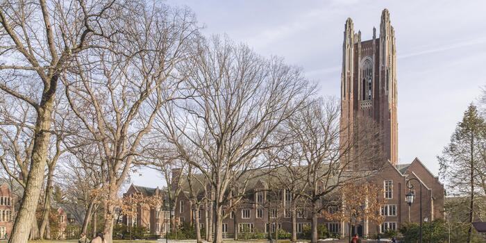 Photograph of Green Hall and Galen Stone Tower in late winter.