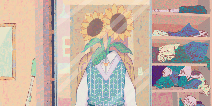 A photo still from a video game showing a humanoid sunflower. 