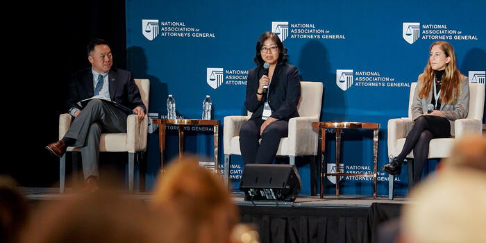 Linda Charmarman speaking on stage at an event.