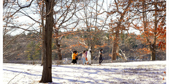 A group of students walk along a snow-covered path.