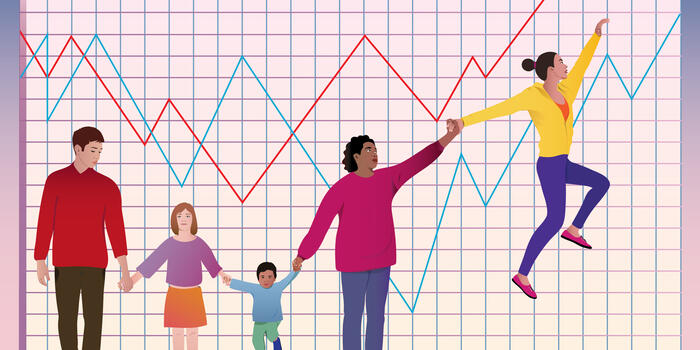 A graphic drawing of people standing along and upward sloping line