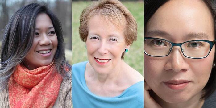 Headshots of Andrea Wang ’92, Cynthia Levinson ’67 and Malinda Lo ’96 