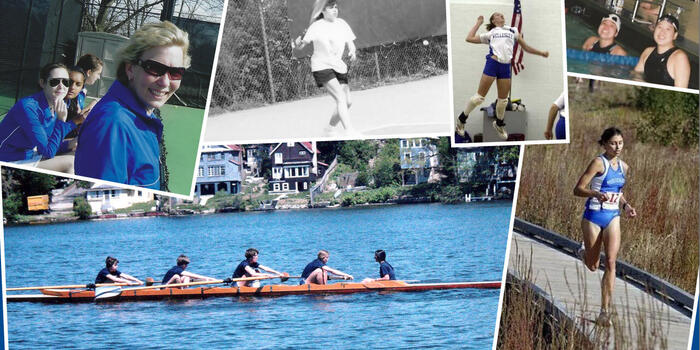 Collage of college athletes in crew, cross country, tennis, volleyball, and swimming