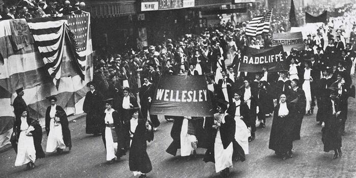 Wellesley students participate in a march for suffrage in Philadelphia in 1915.