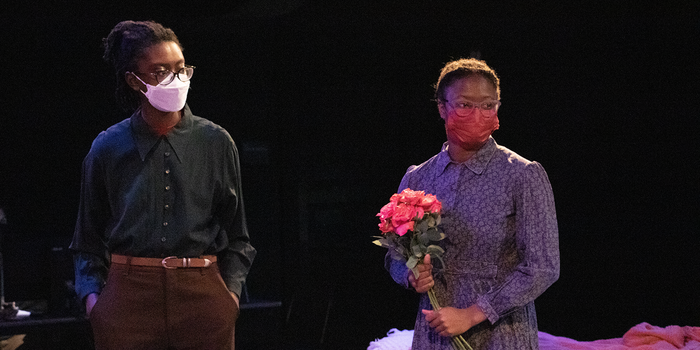Zaria Bunn and Grace Dodd on stage during a scene from a scene in Flyin' West.